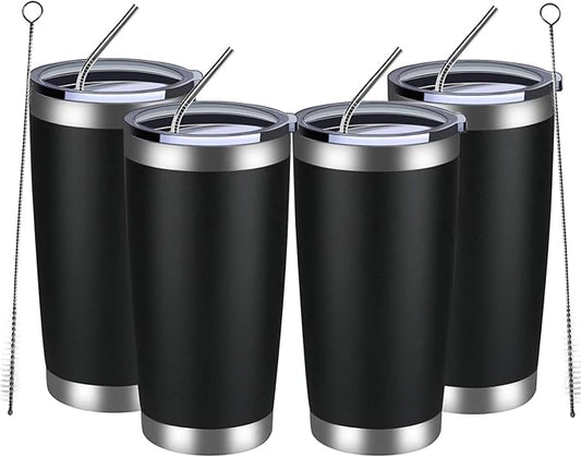 MEWAY 20oz Tumbler 4 Pack Double Wall Vacuum Insulated Travel Mug Bulk, Stainless Steel Tumblers with Lid and Straw, Durable Powder Coated Coffee Cups for Cold & Hot Drinks (Black, 4) - Bloomnest