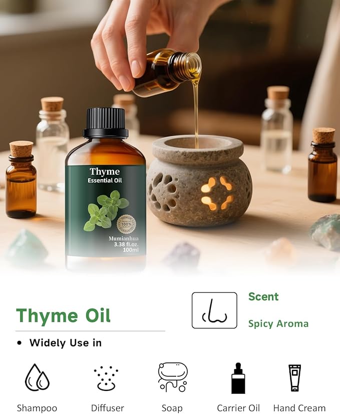 Pure Thyme Essential Oil, Mumianhua Natural Thyme Oil for Diffuser Aromatherapy, Hair Care, Skin, Massage, Soap,Candle Making, Protective Atmosphere, Outdoor Defense, Herbaceous Strength 3.38 Fl Oz - Bloomnest