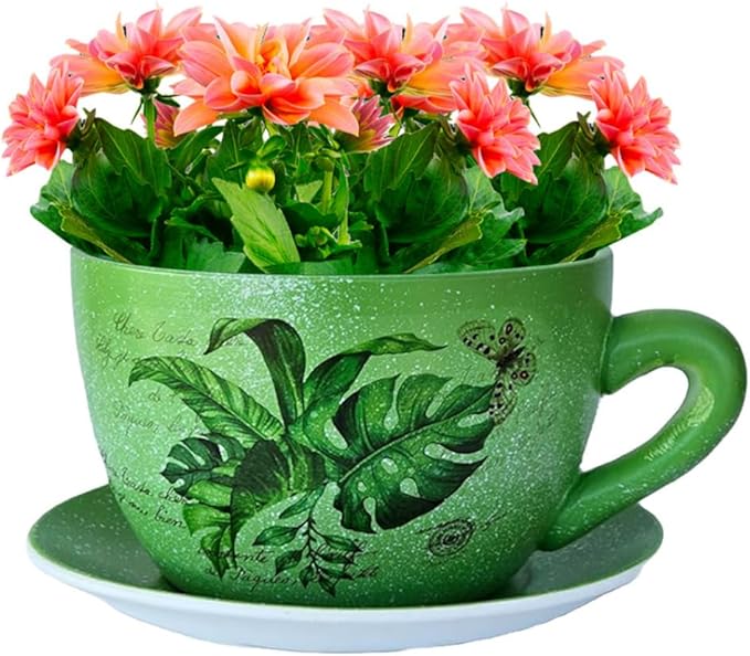 7.5" Ceramic Teacup Planter Pot with Saucer | Ideal for Succulents, Orchids, Herbs & Flowers | Indoor & Outdoor Use Green - Palm Leaves - Bloomnest