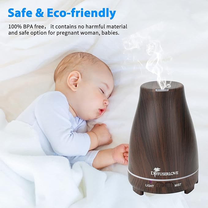 Diffuserlove Essential Oil Diffusers 200ML, Remote Control Aromatherapy Diffuser with 7 Color Lights, Auto Shut-Off for Bedroom Office Kitchen (Black Wood Grain) Diffuserlove
