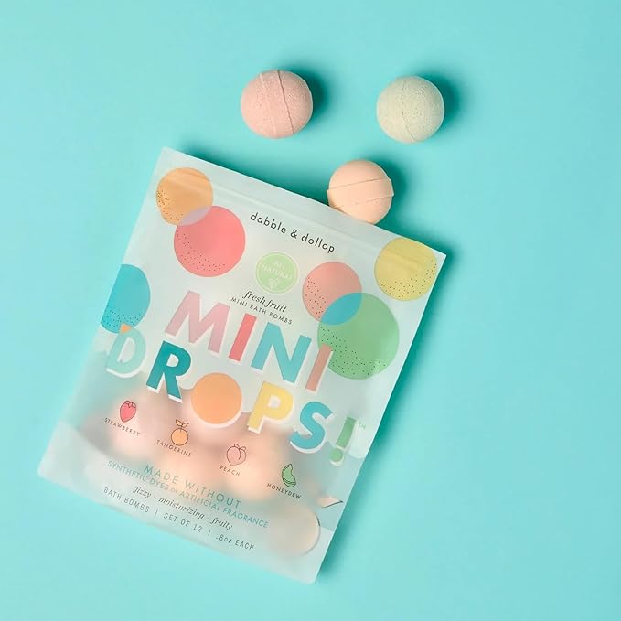 Dabble & Dollop Mini Bath Bombs, 100% Natural Droplets for Kids, Fresh Fruit Scents - Resealable Pouches, Fizzy, Moisturizing & Fun, Vegan, Gluten-Free, Cruelty-Free (Set of 24) - Bloomnest