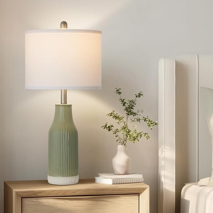 24.5" Ceramic Table Lamps Set of 2, Modern Farmhouse Bedside Lamps for Bedroom Nightstand, Small Light Green Lamp for Living Room End Table (2 LED Bulbs Included) - Bloomnest