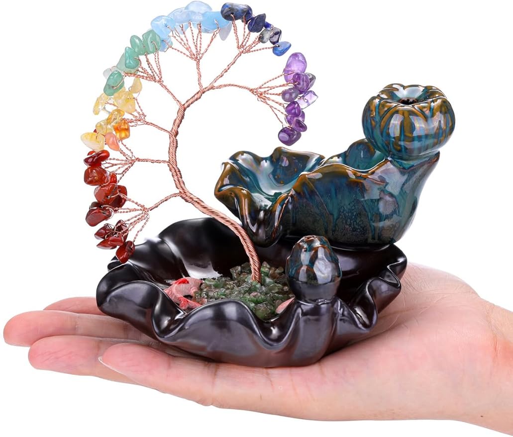 Jovivi Backflow Incense Burner Ceramic Incense Waterfall,7 Chakra Stones Healing Crystal Money Tree Incense Holder for Wealth, Good Luck, Yoga Meditation, Home Decor - Bloomnest