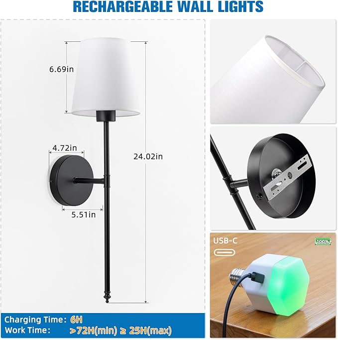 NIORSUN Battery Operated Wall Sconce Set of 2,Black Rechargeable Wall Lights with 5200mAh Dimmable Detachable Bulbs and Remote, 10 Colors Wireless Wall Lamps for Bedroom Living Room Hallway Decor - Bloomnest