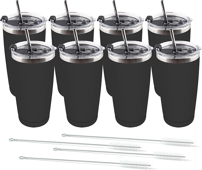 Amtidy 8 Pack 20oz Stainless Steel Tumbler with Lid, Powder Coated Vacuum Insulated Tumbler Cup, With straw and cleaning brushDouble Wall Coffee Tumbler, Powder Coated Travel Mug - Bloomnest