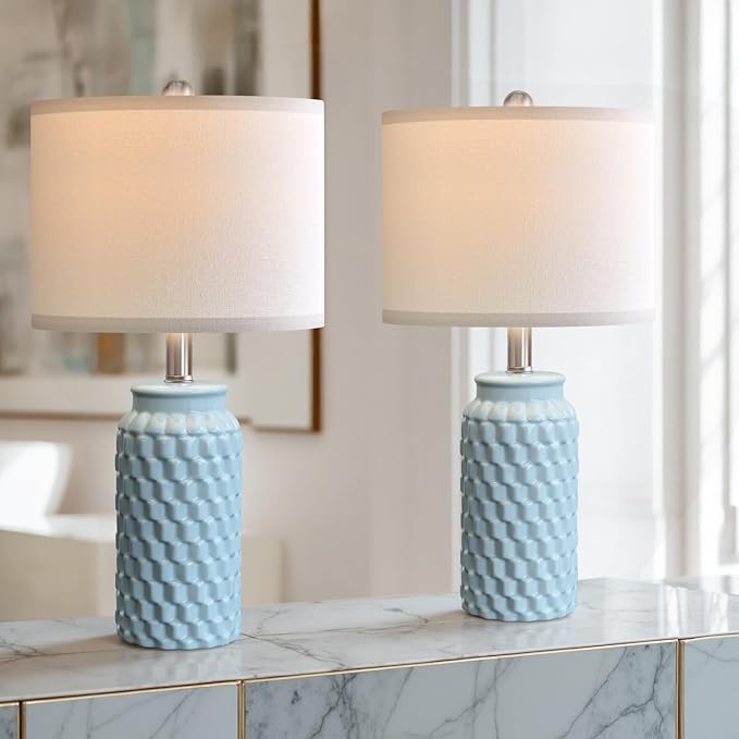 20.5" Light Blue Modern Ceramic Bedside Lamp Set of 2 for Bedroom Decor Farmhouse Table Lamp for Living Room Office Dorm - Bloomnest