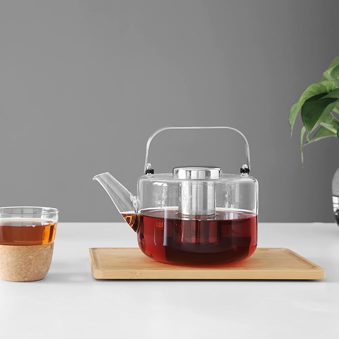 Viva Bjorn Borosilicate Glass Tea Pot for Stovetop with Loose Leaf Tea Infuser Mesh - 40 ounce/1.18 Liter - Modern Teapot Features Stainless Steel Handle and Vented Lid, Tea Maker for Blooming