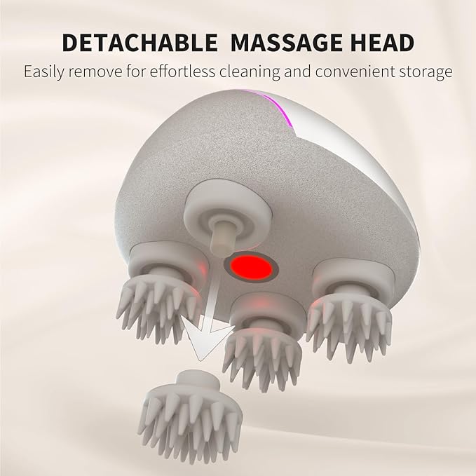 Breo Portable Mini Scalp Massager – IPX7 Waterproof Rechargeable Head Massager for Scalp Relax, Stress Relief Tool with Bamboo Wood Charging Base, Removable Massage Nodes (Silver with Base) breo