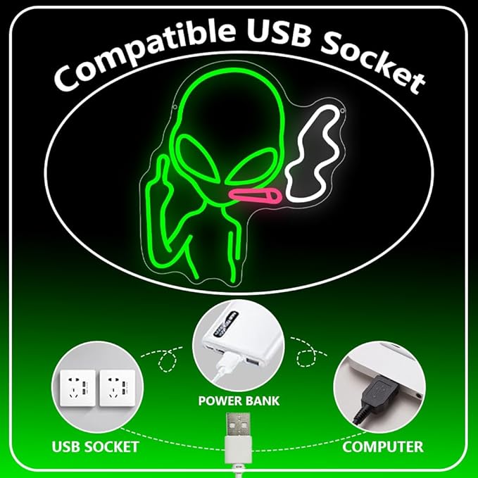 Alien Neon Sign, LED Neon Light Signs for Wall Decor Green Alien Light Up Sign Lamp for Bar Bedroom Pub Man Cave Birthday Gift Dimmable USB Powered(14.9"*13.4") - Bloomnest