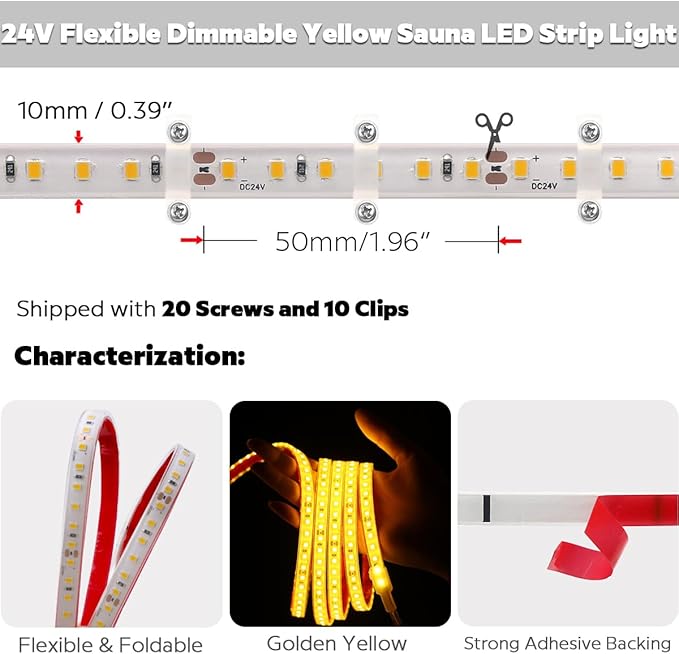 SuperlightingLED DC24V Warm Amber Gold Sauna LED Tape Light 2000K, 5m 16.4ft Long Dense 600 LEDs Flexible Customizable High-Heat Resistant LED Strip Lights IP68 Submersible (Amber Gold) Bloomnest