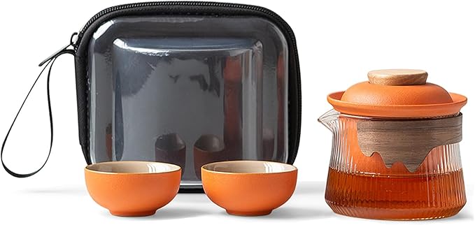 fanquare Ceramic Tea Pot Set for 2 Porcelain Kung Fu Tea Set with Mini Teacups Tea Infuser Portable Handbag for Travel Tea Pot with Wooden Protection Layer, Orange - Bloomnest