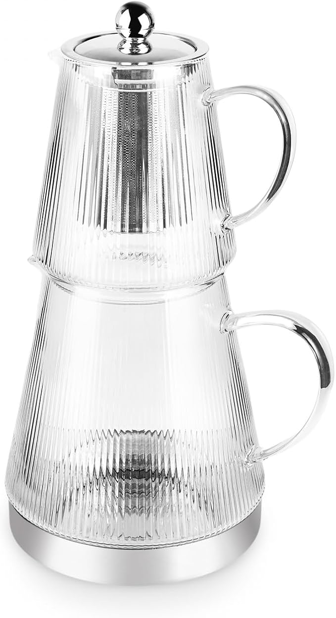 Karaca Keops XL Borosilicate Glass Teapot with Infuser and Lid for Stovetop, Transparent Silver, 1L Tea Pot & 2L Tea Kettle Set for Loose Leaf & Herbal, Dishwasher Safe - Bloomnest