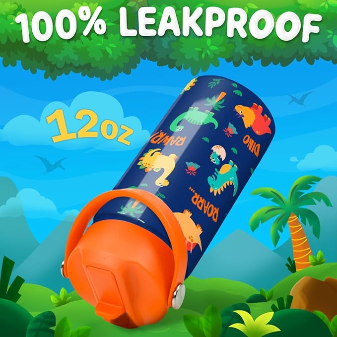 Dinosaur Water Bottle for Boys - Kids Water Bottle with Straw Lid - 12 Oz Insulated Stainless Steel Water Bottles for Kid - Travel Cup for School Sports - Bloomnest