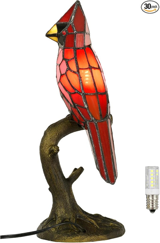 Cardinal Tiffany Style Accent Table Lamp in Height 14.5" Overall, Handmade Stained Glass Red Bird Lamp for Bedside Livingroom Bedroom Home Decoration (Red Cardinal) - Bloomnest