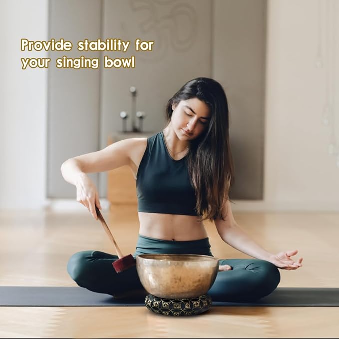 Singing Bowl Cushion for Tibetan Singing Bowls, Handmade Silk Brocade Round Cushion Pillow for Sound Healing and Crystal Sound Bowls Accessories(6.7 Inch,BlackGold) - Bloomnest