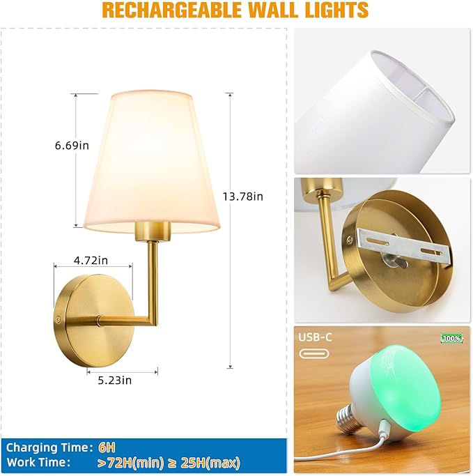 NIORSUN 13.8 inch Battery Operated Wall Sconce Set of 2,Gold Rechargeable Wall Lights with 5200mAh Dimmable Detachable Bulbs and Remote,9 Colors Wireless Sconces for Bedroom Living Room Hallway - Bloomnest