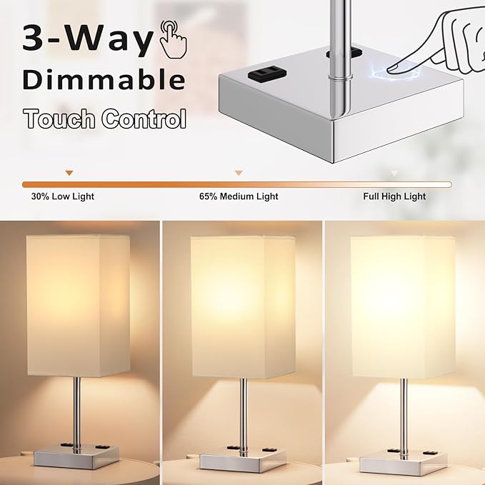 Touch Bedside Table Lamp For Nightstand - 3-Way Dimmable Night Lamp with USB A + Type C Charging Ports and two AC Outlets, Small Desk Light with E26 LED Bulb for Bedroom Living Room, WHITE PLUS - Bloomnest
