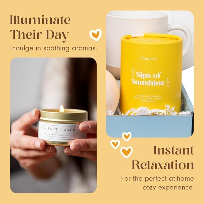 Unboxme Sunshine Gift For Women | Self Care Package with organic herbal tea, fluffy cloud socks, ceramic mug, citrus bath bomb , beeswax lip balm, a fun floral scrunchie + a sending hugs card - Bloomnest
