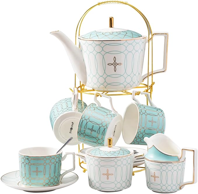 Jusalpha Fine China Blue Coffee Cup/Teacup Set, 8 OZ Cups& Saucer Service for 4, with Teapot-Sugar Bowl-Cream Pitcher Teaspoons and tea strainer for Tea/Coffee, 17-Pieces (Blue) - Bloomnest