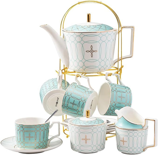 Jusalpha Fine China Blue Coffee Cup/Teacup Set, 8 OZ Cups& Saucer Service for 4, with Teapot-Sugar Bowl-Cream Pitcher Teaspoons and tea strainer for Tea/Coffee, 17-Pieces (Blue) - Bloomnest