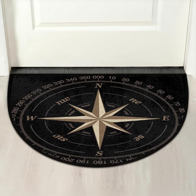 Half Round Door Mat, Compass Rose Non-Slip Half Circle Area Rug Artwork Black Doormat Washable Durable Home Decor Half Moon Rug for Floor Indoor Outdoor Living Room Bedroom Kitchen Patio - Bloomnest