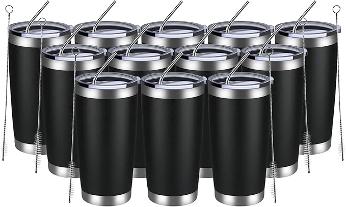 MEWAY 20oz Tumbler 12 Pack Double Wall Vacuum Insulated Travel Mug Bulk, Stainless Steel Tumblers with Lid and Straw, Durable Powder Coated Coffee Cups for Cold & Hot Drinks (Black, 12) - Bloomnest