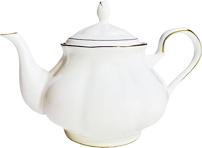 GOMMO Fine Real Bone China Teapot 30oz for Elegant Life Ceramic Tea Kettle (White-Gold)