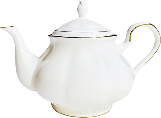 GOMMO Fine Real Bone China Teapot 30oz for Elegant Life Ceramic Tea Kettle (White-Gold)