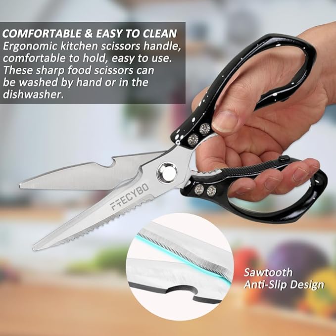 Heavy Duty Food Shears, Multi-Purpose Kitchen Scissors with Sharp Blades, 2-Pack Stainless Steel Food Shears for Kitchen, Poultry, Meat, Fish,Bone (Black) - Bloomnest
