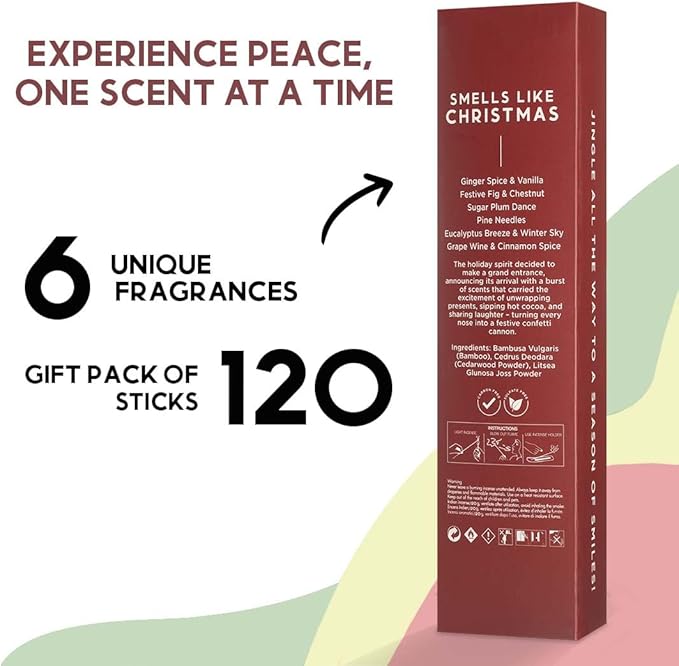 Folkulture Incense Sticks with Holder for Gift | Set of 6 (120) Organic Non Toxic Incense Sticks Christmas - Vanilla, Plum, Pine, Eucalyptus Insense for Gifts for Women