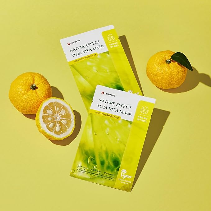 LEADERS Nature Effect Yuja Vita Mask - Helps Hydrate Skin, Serum Content, Vegan Certified - 10 Sheets - Bloomnest