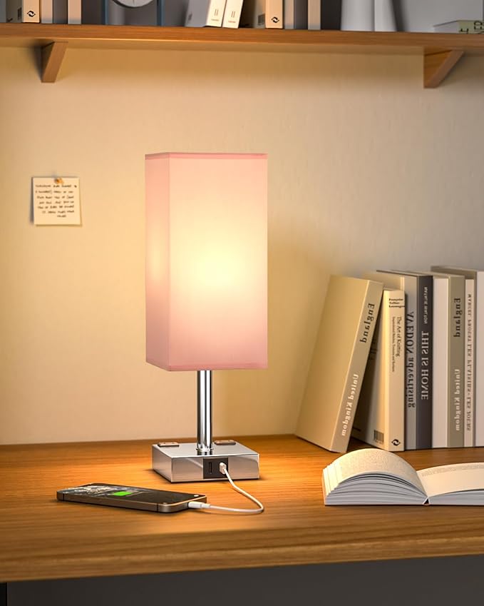 Touch Bedside Table Lamp for Nightstand - 3-Way Dimmable Night Lamp with USB A + Type C Charging Ports and Two AC Outlets, Small Desk Light with E26 LED Bulb for Bedroom Living Room Dorm Office, Pink - Bloomnest