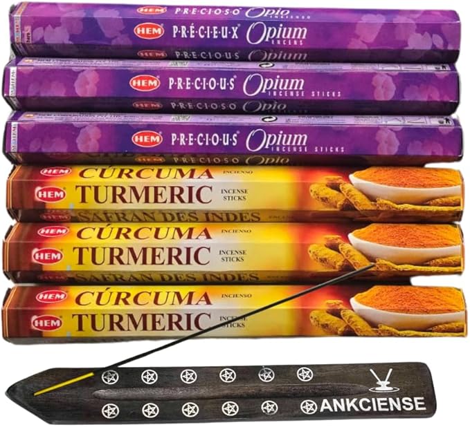 Sandalwood & Vanilla Incense from Hem Bundled with ANKCIENSE Incense Holder Bundle, Variety Pack of 120 Sticks (P Opium & Turmeric)