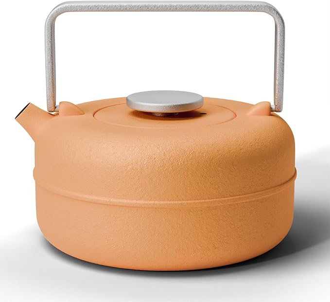 Toptier Teapot with Removable Infuser, Cast Iron Tea Kettle Stovetop Safe, Solid Geometry Cylinder Design Tea Pot Coated with Enameled Interior for 27 Ounce (800 ml), Yellow to Orange - Bloomnest