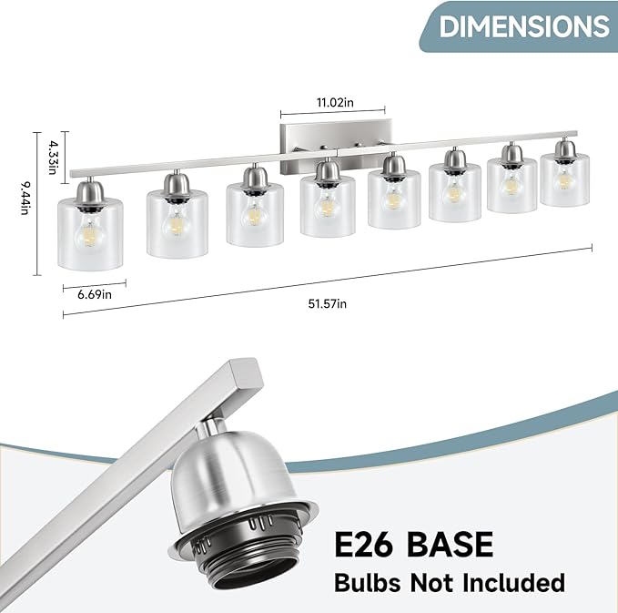 Modern Brushed Nickel 8 Light Bathroom Light Fixtures,52 inch Vanity Lights for Bathroom with Clear Glass for Mirror Kitchen Living Room Hallway Cabinet Porch - Bloomnest