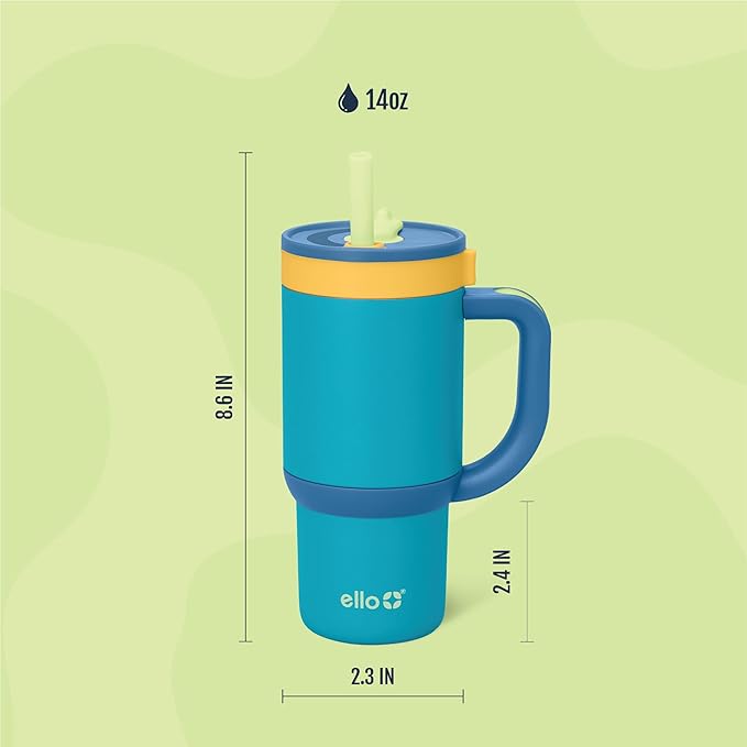 Ello Oasis 14oz Stainless Steel Toddler Tumbler with Handle & Retracting Straw, 100% Leakproof, Double-Wall Vacuum Insulated, Kids Water Bottle for School, BPA Free, Dishwasher Safe, Glacier - Bloomnest