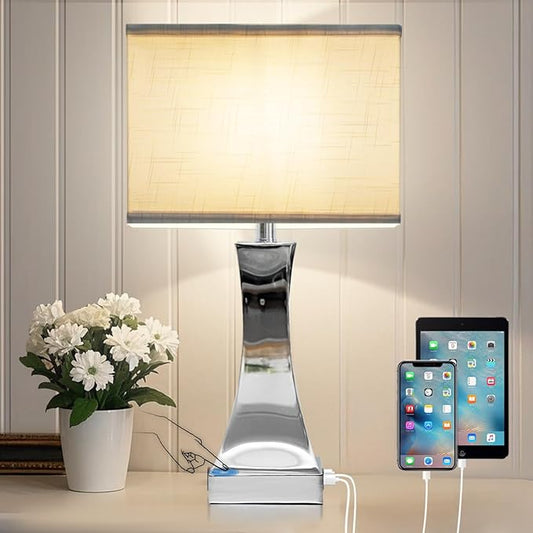 Table Lamp for Bedroom 3-Way Dimmable Touch Control Chrome Bedside Lamp with USB A+C Port & AC Outlet 21.6" Tall Nightstand Lamp for Living Room Office and Hotel Bulb Included - Bloomnest
