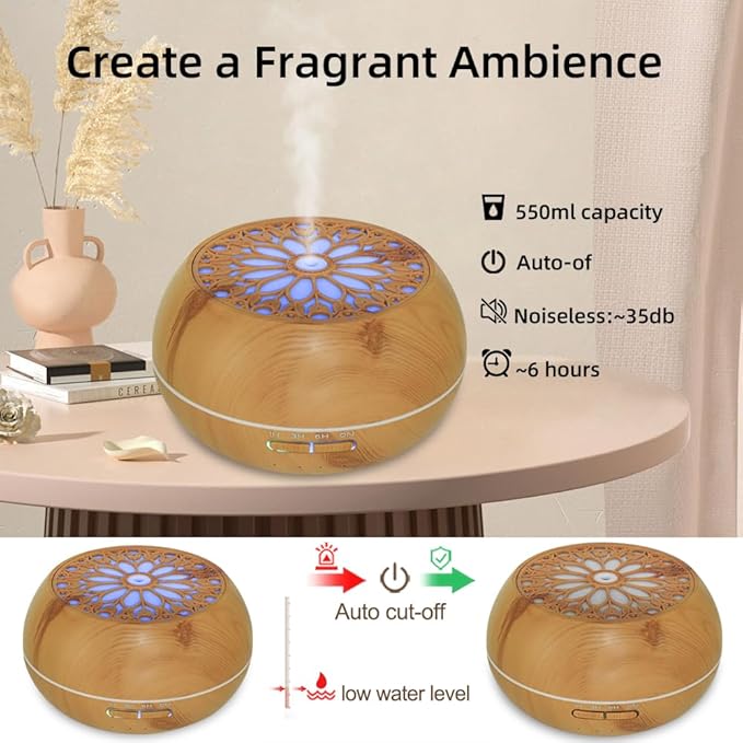 Diffuser with 6 Essential Oils for Large Room,550ml Aroma Diffusers with Remote Control for Home,Mini Humidifier with LED Night Lights for Office Yoga Room Decor Gift for Women Men(Light Wood Grain) Bloomnest