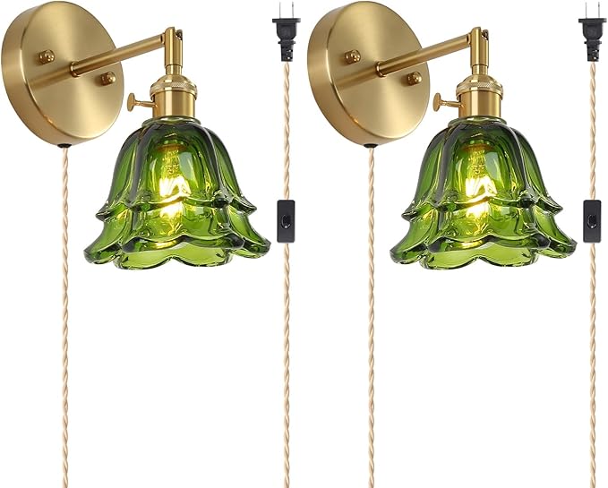 Vintage Plug in Wall Sconces Set of 2, Rose Green Lampshade & 180 Degree Adjustable, Brass Wall Lights, for Bedroom Living Room Hallway Aisle, Bulbs Not Included, ETL Listed - Bloomnest
