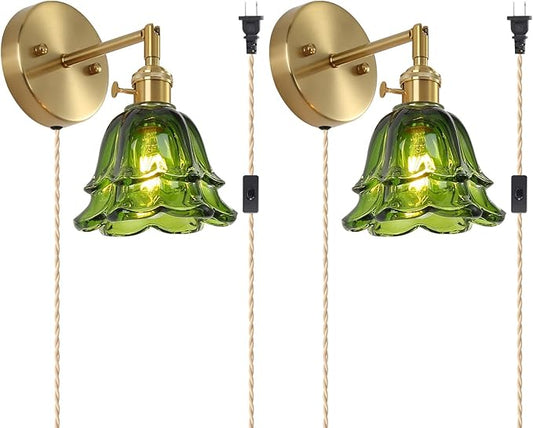 Vintage Plug in Wall Sconces Set of 2, Rose Green Lampshade & 180 Degree Adjustable, Brass Wall Lights, for Bedroom Living Room Hallway Aisle, Bulbs Not Included, ETL Listed - Bloomnest