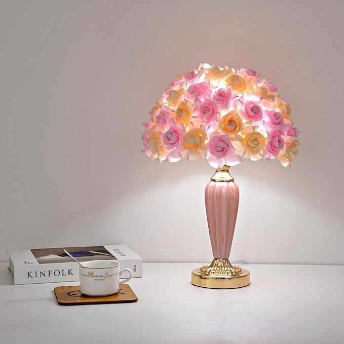 Pink Flowers Lamp Beautiful Yellow Flower Bedside Lamp Romantic Rose Bouquet Table Lamp for Wedding Girl Bedroom Valentines Dating Living Room Hotel Office Endtable - Bloomnest