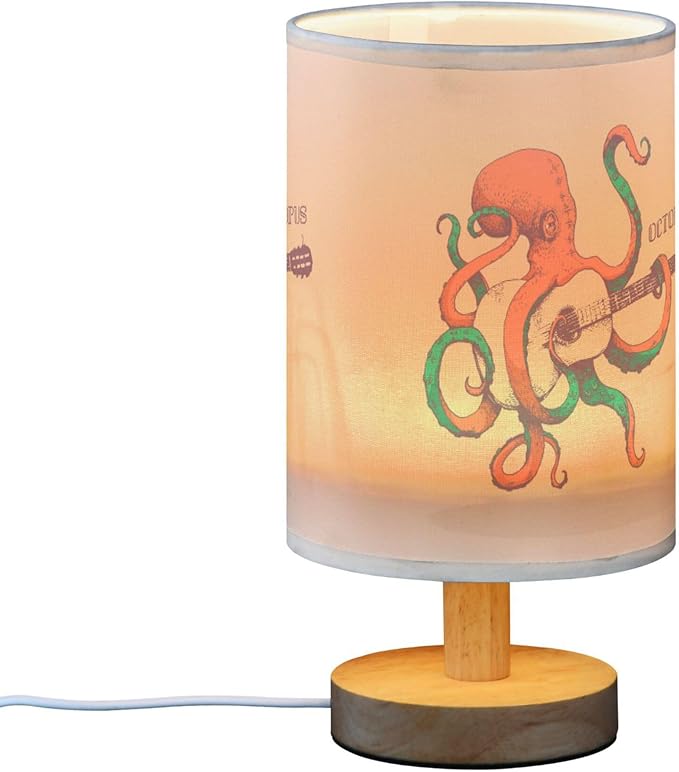 Table Lamp Vintage Octopus Play Guitar Ocean Marine Sea Life Design Nightstand Lamp with Wood Base Fabric Lamp Shade Bedside Desk Lamp for Living Room Bedroom Kids Room Office - Bloomnest