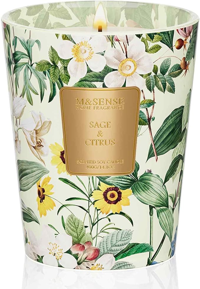 M&SENSE Sage Citrus Scented Natural Soy Wax Candle, 14.1oz 60 Hours Long Lasting Slow Burning, Aromatherapy Fall Winter Candle for Stress Relief, Festival Thanksgiving Christmas Housewarming Gifts - Bloomnest