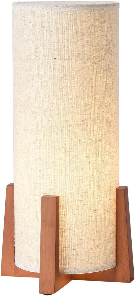 KUNJOULAM Modern Table Lamps, Nightstand Lamp with Linen Fabric Shade Brown Wooden Base, 13.9" Cylinder Bedside Table Lamp for Bedroom, Cafe, Living Room Home Decor - Bloomnest