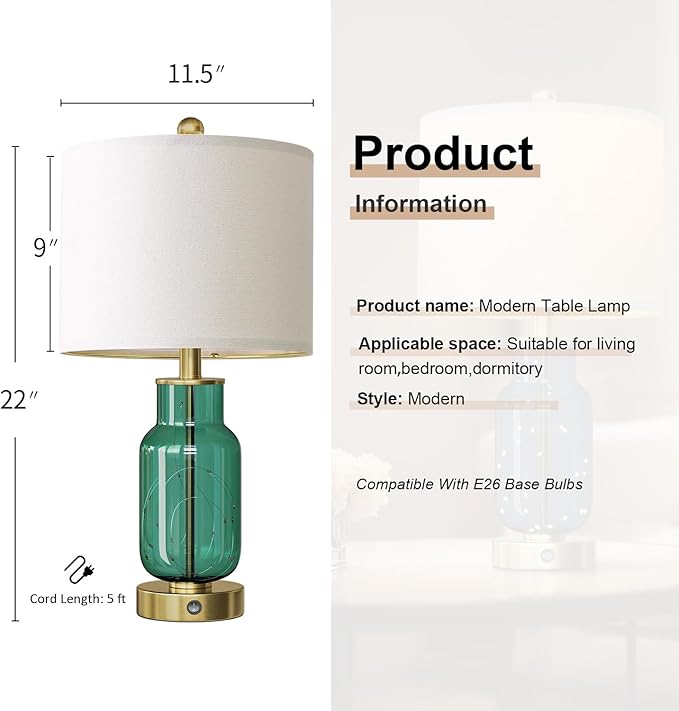 Oneach 22" Glass Table Lamps Set of 2, Green Modern Bedside Lamp with LED Night Light for Living Room, Nightstand Lamp with USB Ports for Bedrooms, Study Room, End Table(2 Bulbs Included) - Bloomnest