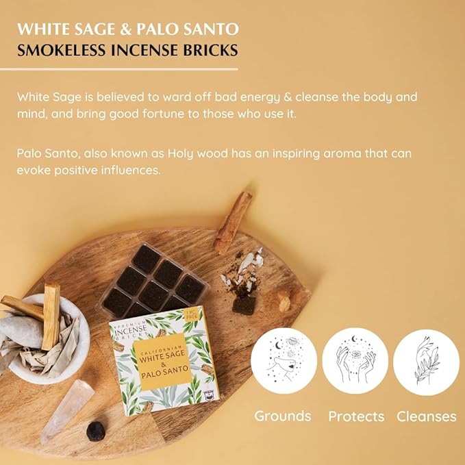 White Sage & Palo Santo Incense Bricks with Taj Exotic Burner by Aromafume | 2x9 Bricks | Sage Incense for Cleansing Negative Energy & Protection | Sage for Smokeless Smudging, Spiritual Cleansing Aromafume