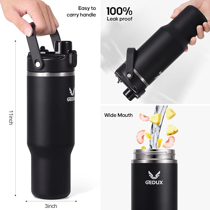 32 oz Stainless Steel Tumbler with Handle and Straw, Vacuum Insulated Water Bottle with 2-in-1 Lid (Chug/Straw) and Silicone Boot，Keeps Drinks Hot and Cold - Bloomnest