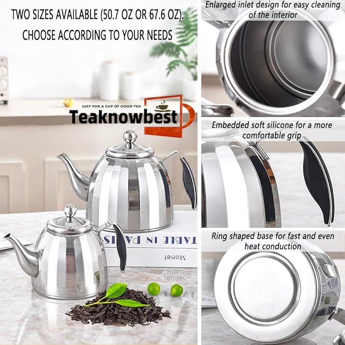 Stainless Steel Tea Pot with Removable Infuser - Loose Leaf Tea Maker, Home & Kitchen Teapot - Large 67.6 oz, Stovetop Safe Teapot for Tea/Coffee, Mirror Finish (2000ml) - Bloomnest