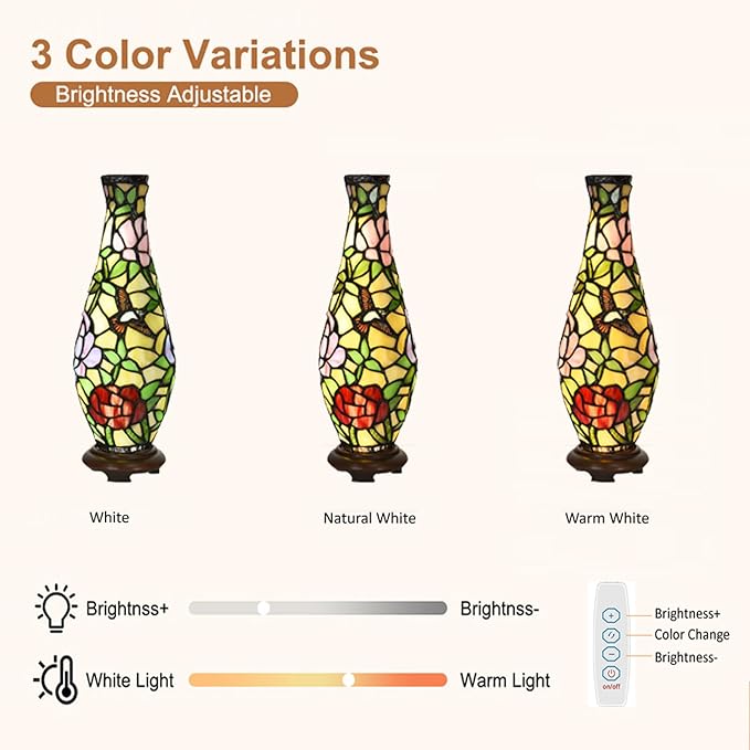 A0010 Tiffany Style Vase Table Lamp LED with 3 Lighting Modes and 10 Brightness Dimming, Handmade Stained Glass Accent Lamp for Bedside Livingroom Bedroom Home Decoration - Bloomnest