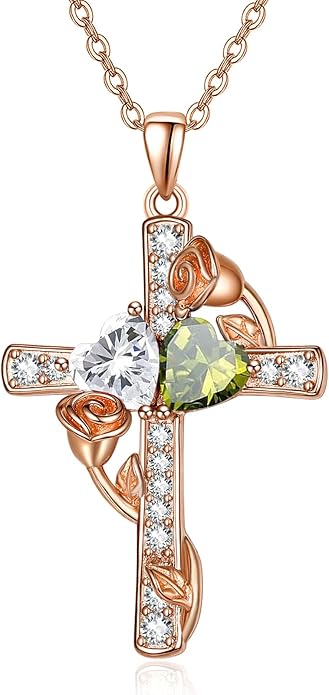 Rose Gold Dual Birthstones Cross Necklace for Women Rose Flower Jewelry Anniversary Christmas Mother's Valentine's Day Birthday Gift for Wife Girlfriend Mom - Bloomnest